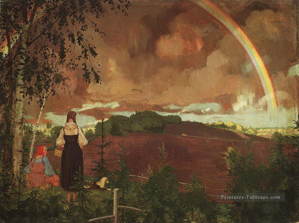 paysage avec deux filles paysannes et un arc en ciel Konstantin Somov Peintures à l'huile